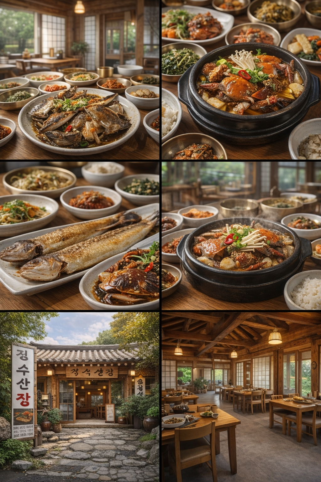 정수산장 음식 사진 - 간장게장, 생선구이, 꽃게탕, 밑반찬